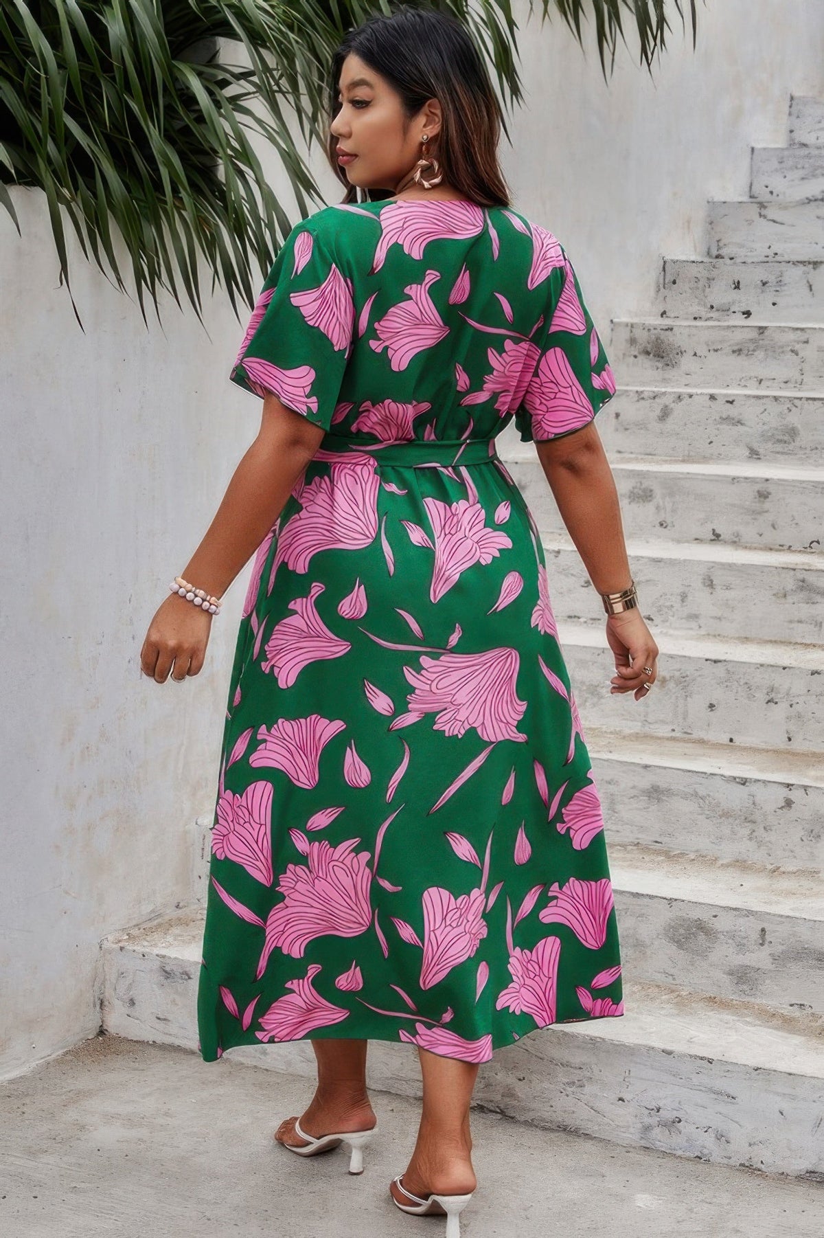 Plus Floral Short Sleeve Split Belted Midi Dress