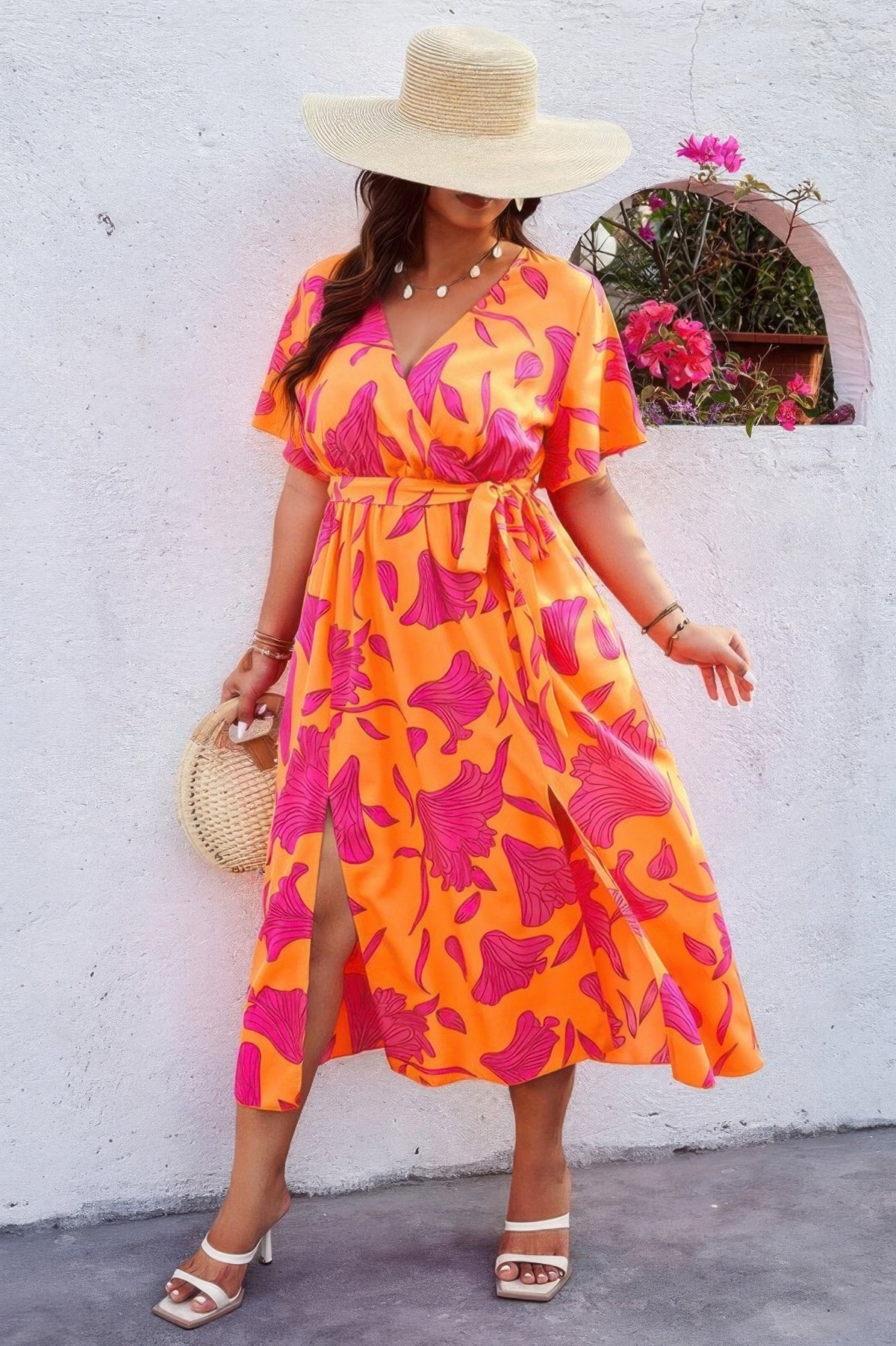 Plus Floral Short Sleeve Split Belted Midi Dress