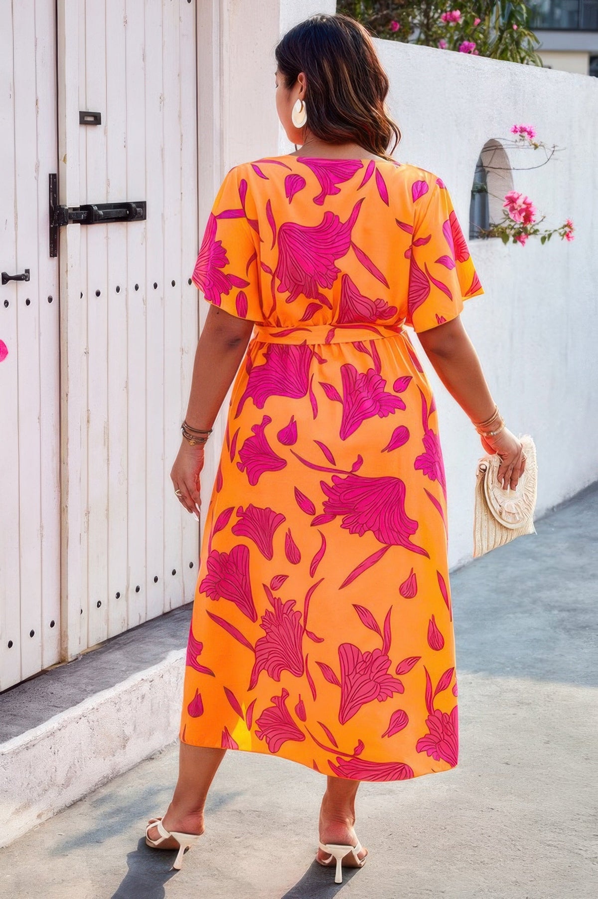 Plus Floral Short Sleeve Split Belted Midi Dress