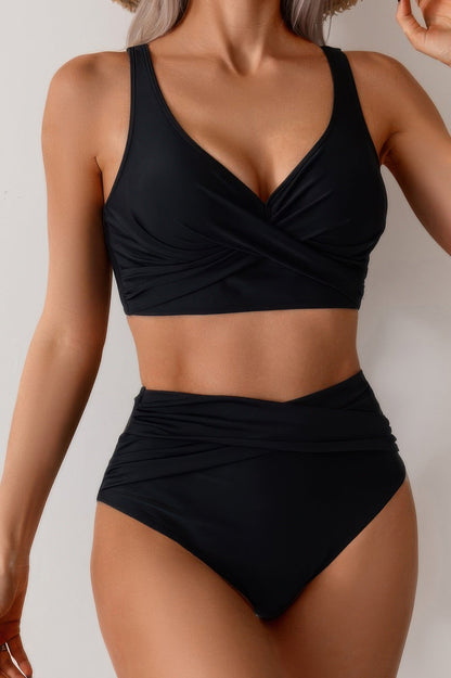Solid Ruched High Waist Cross Push Up Swimsuit