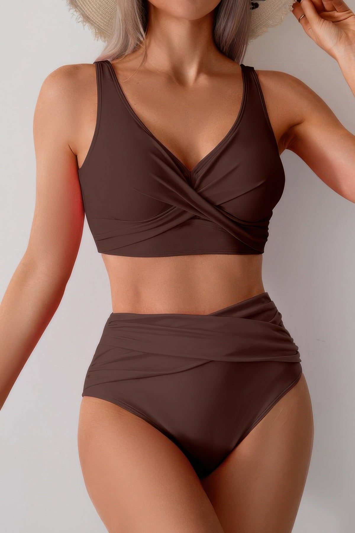 Solid Ruched High Waist Cross Push Up Swimsuit