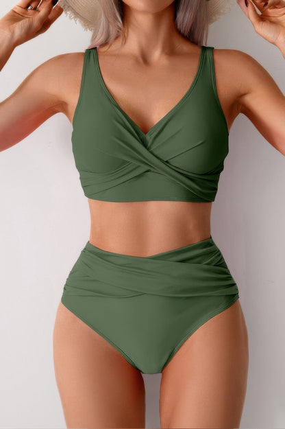 Solid Ruched High Waist Cross Push Up Swimsuit