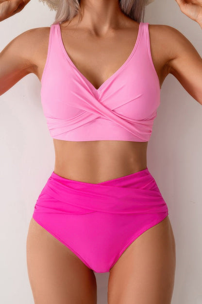 Solid Ruched High Waist Cross Push Up Swimsuit