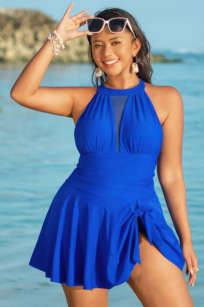 Plus Size Halter Ruched Sleeveless Swim Dress