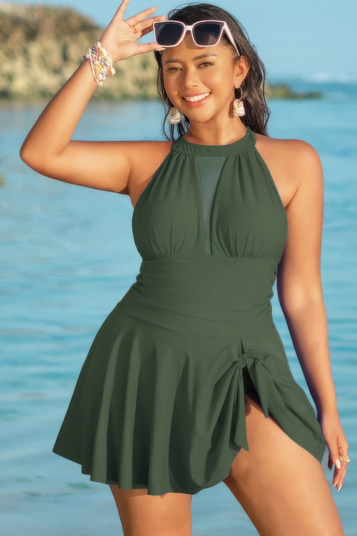 Plus Size Halter Ruched Sleeveless Swim Dress