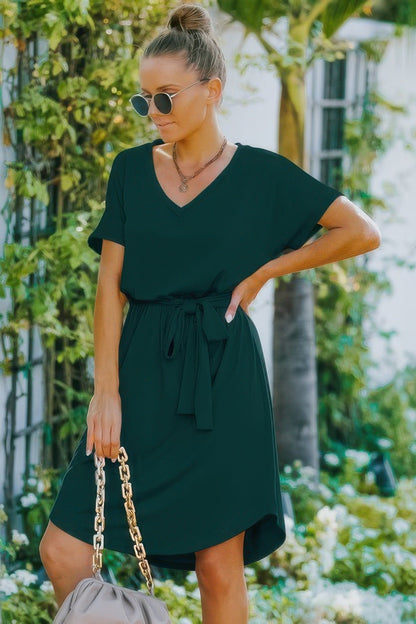 V Neck Waist Tie Solid A Line Dress
