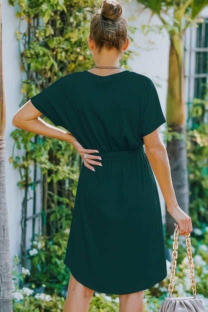 V Neck Waist Tie Solid A Line Dress