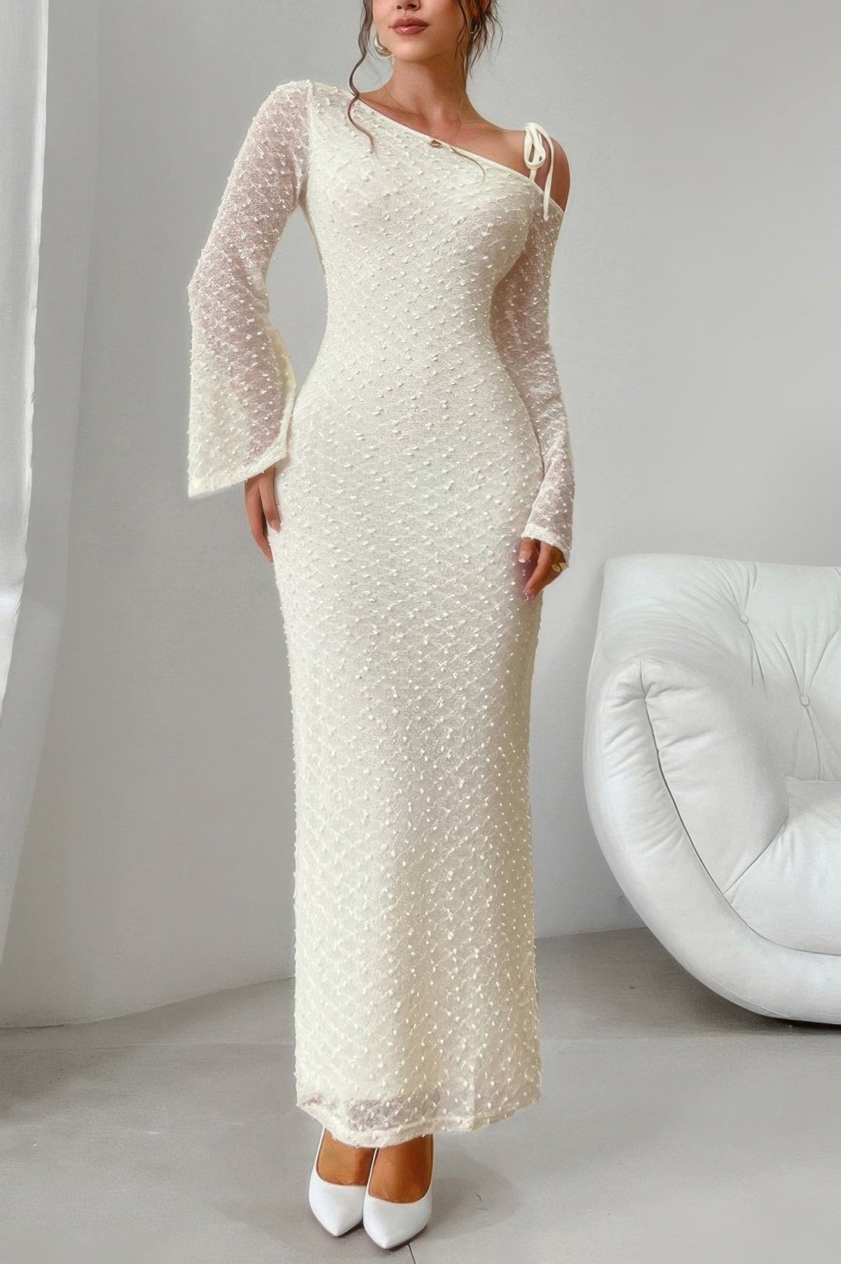 Solid Off Shoulder Bodycon Long Sleeve Dress
