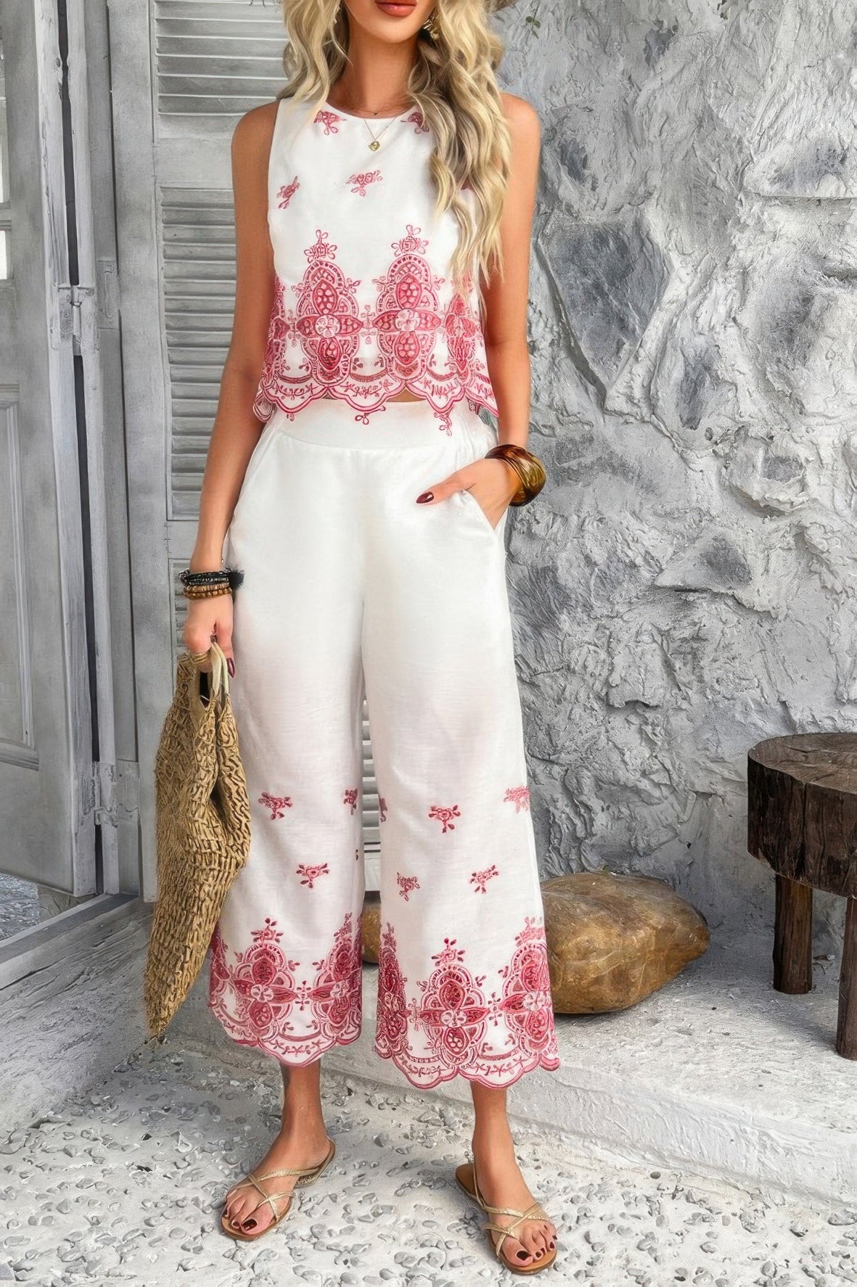 Twp Pieces Tile Inspired Embroidery Sleeveless Set