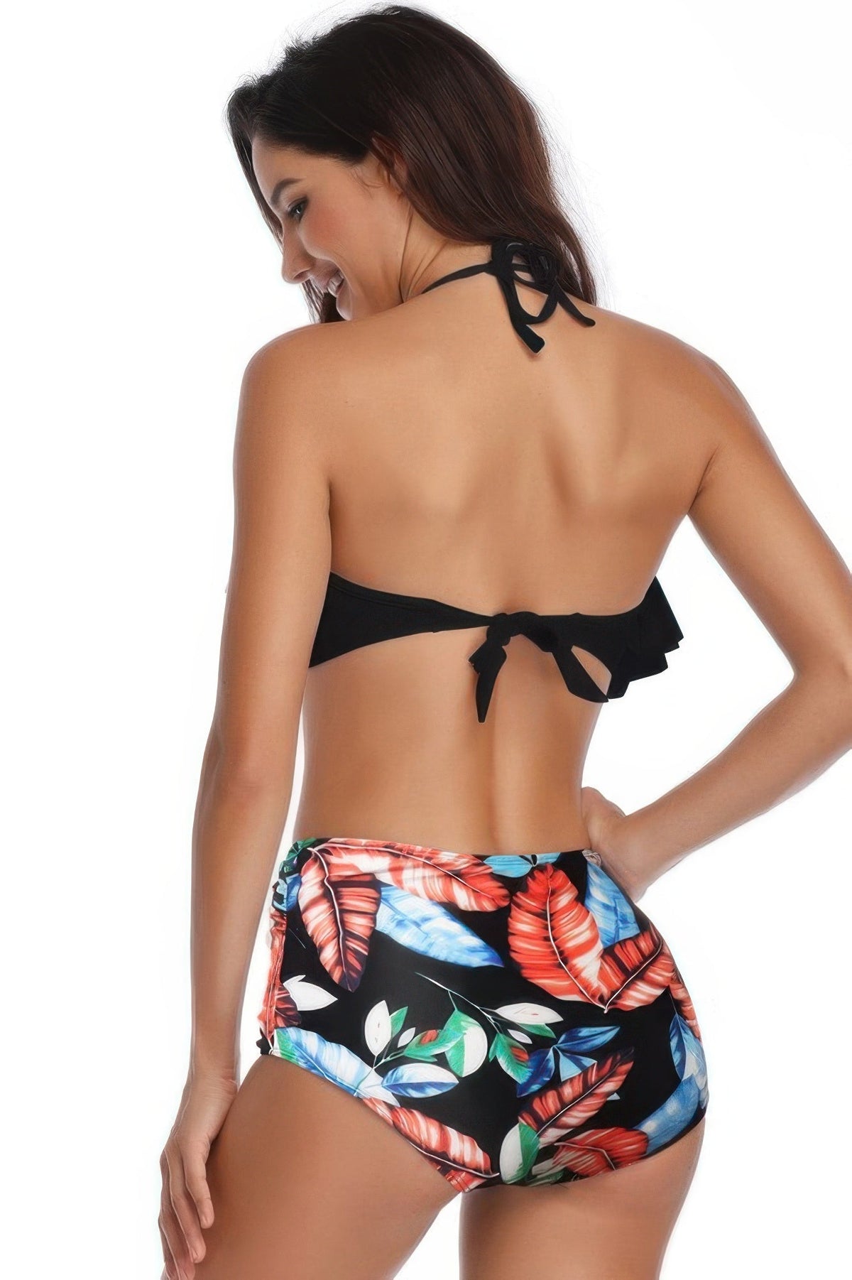 Halter Ruffle High Waisted Leaves Print Swimsuit