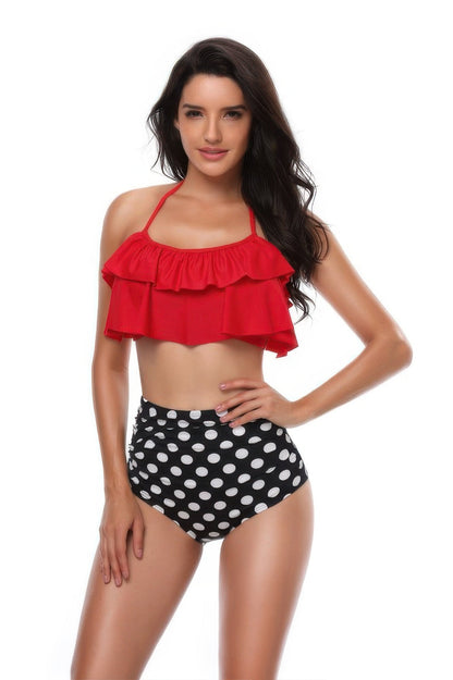 Halter Ruffle High Waisted Leaves Print Swimsuit