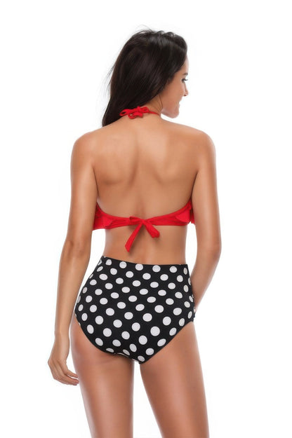 Halter Ruffle High Waisted Leaves Print Swimsuit