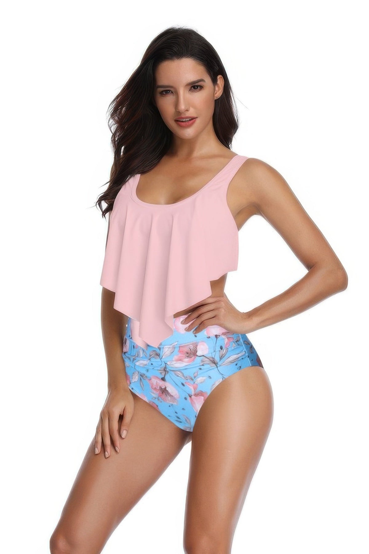 Floral Printed Ruffles Ruffle High Waist Swimsuit