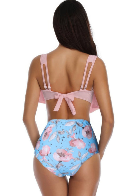 Floral Printed Ruffles Ruffle High Waist Swimsuit