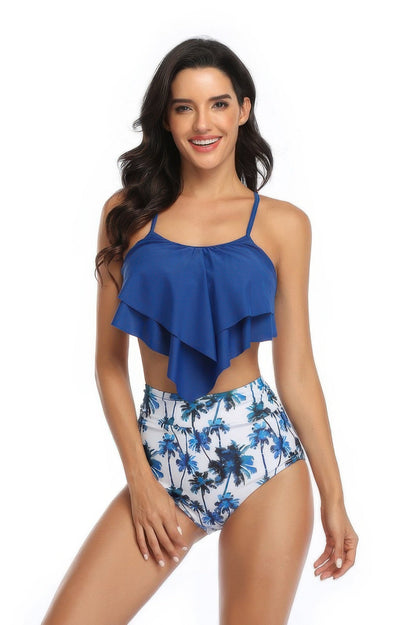 Print Sleeveless Ruffle Push Up High Waisted Bikini
