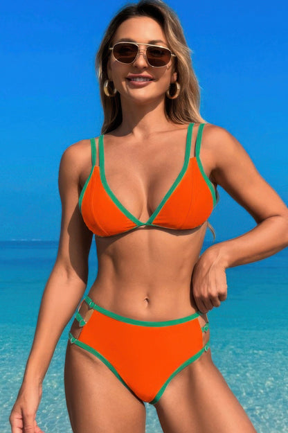 Two Pieces Color Block Cut Out Back Knot Bikini