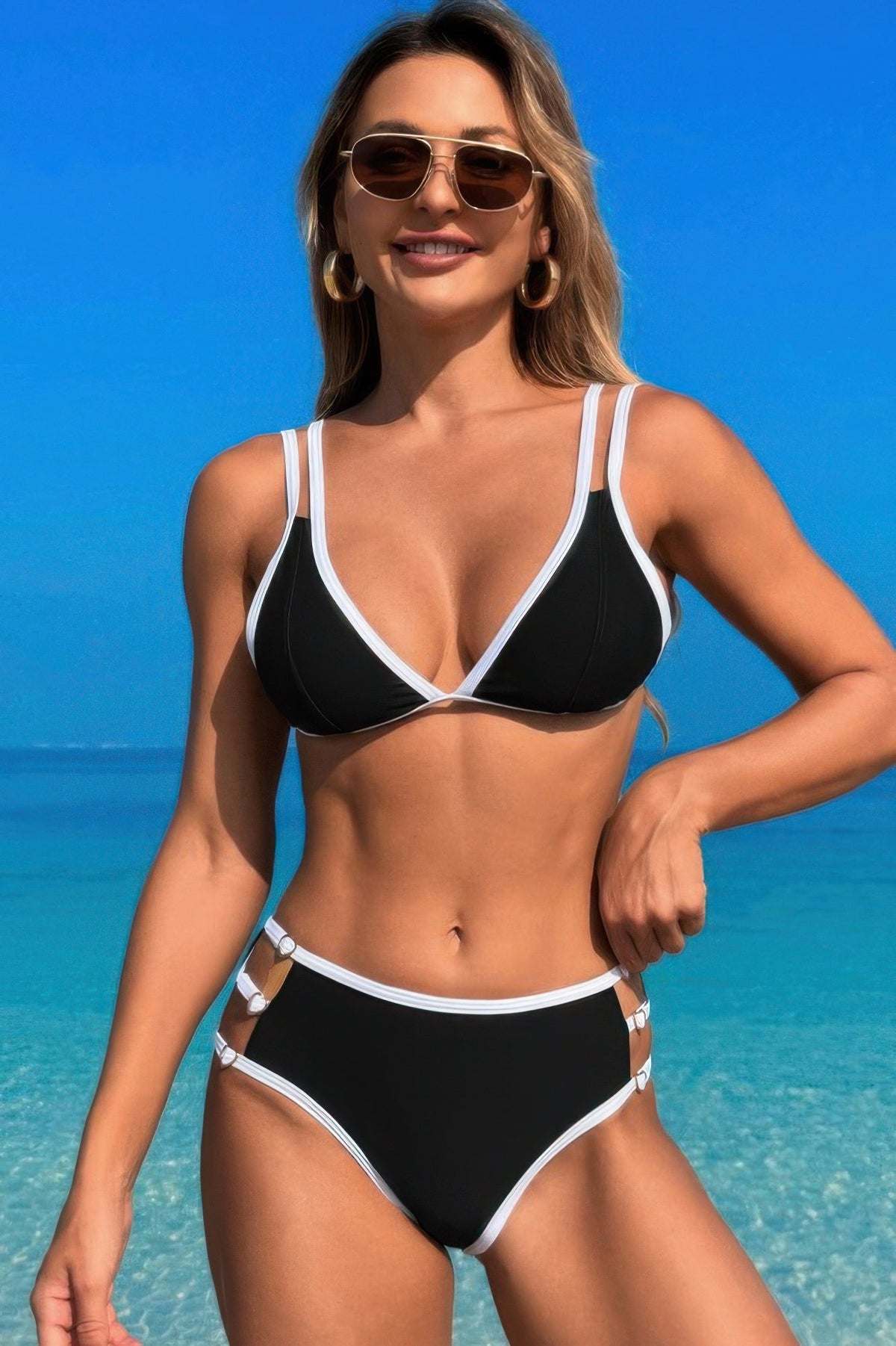 Two Pieces Color Block Cut Out Back Knot Bikini