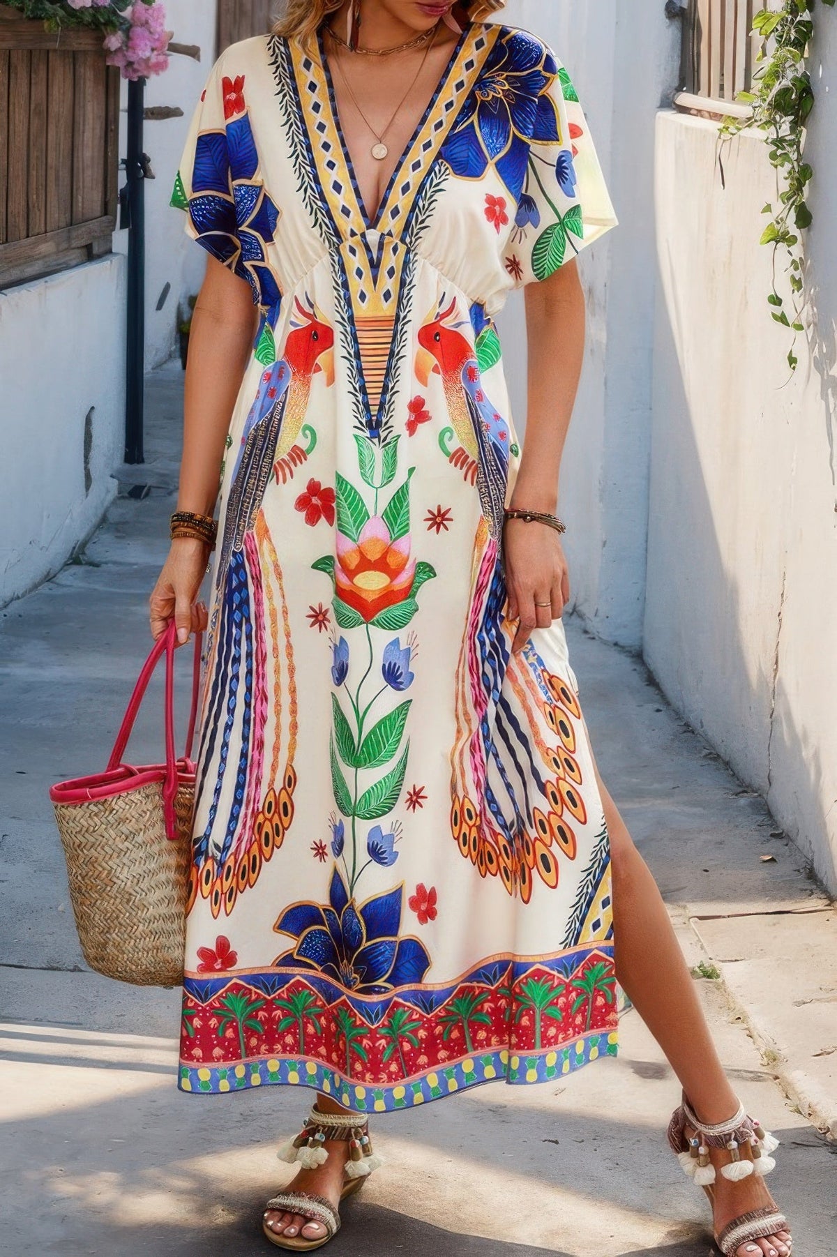 Floral Deep V Neck Batwing Sleeve Fit Dress