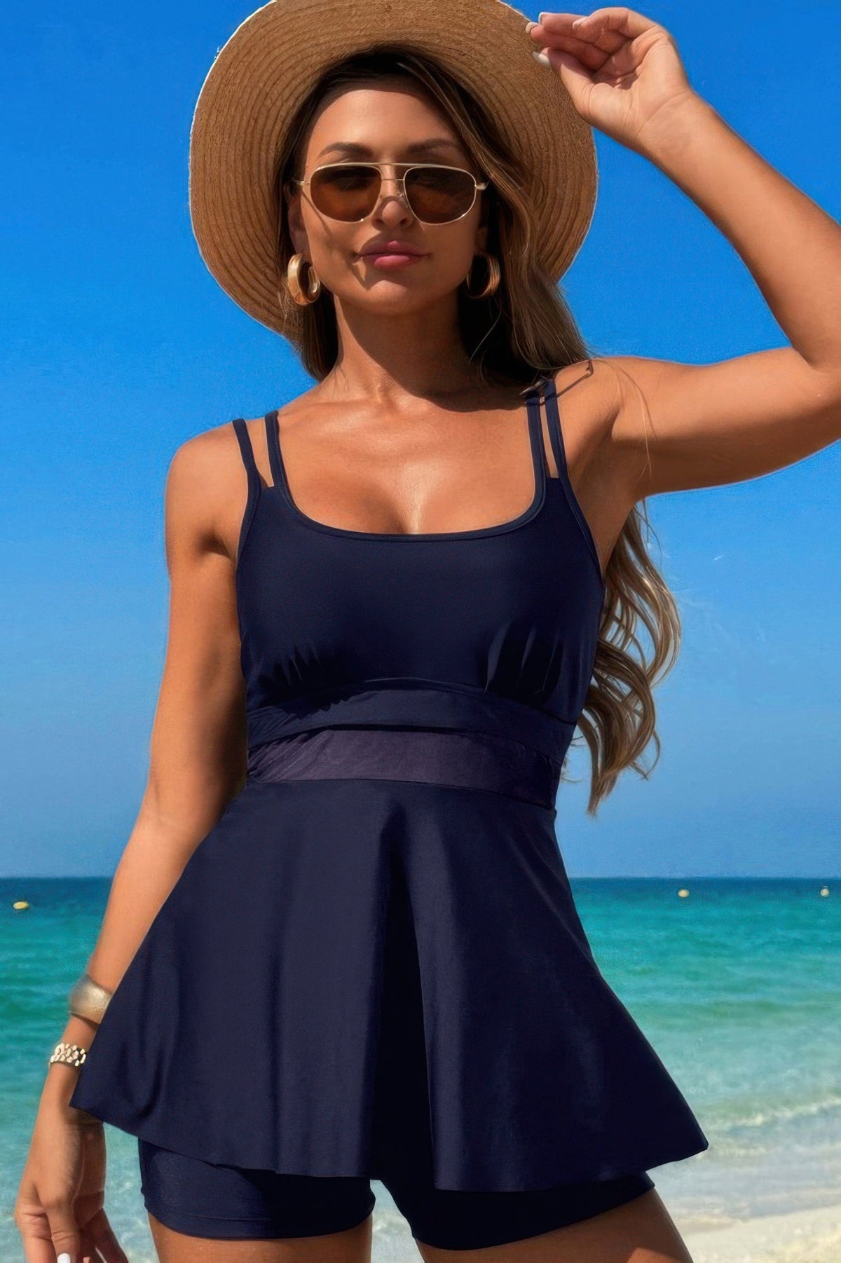 Square Neck Bottom Mesh Two Piece Swimsuit
