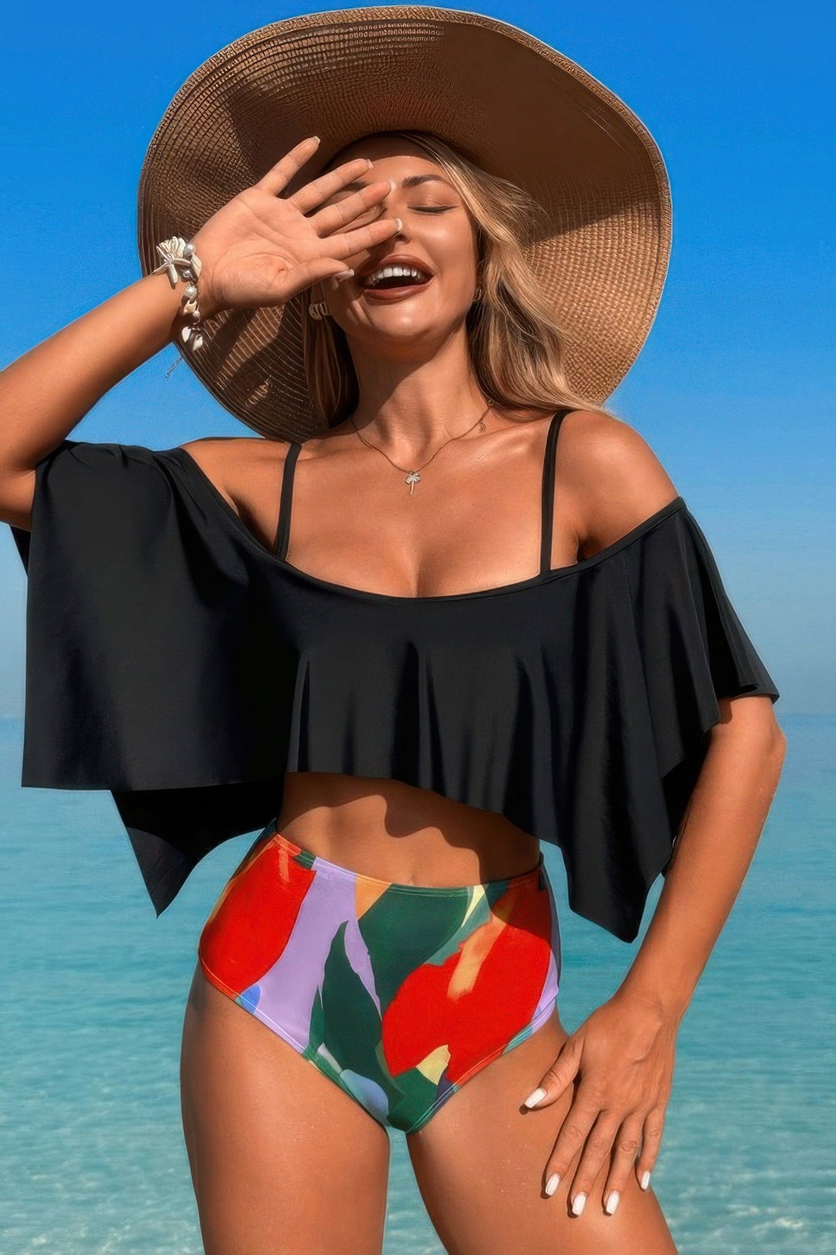 Ruffle Top High Waisted Bottom Tankini Swimsuit