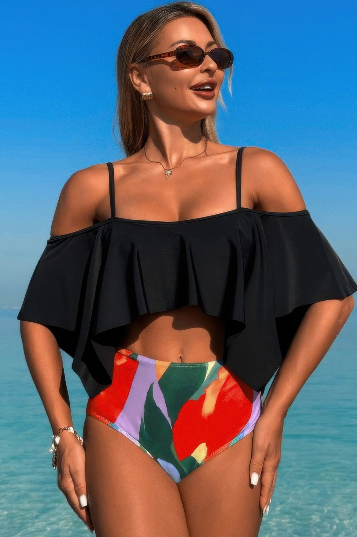 Ruffle Top High Waisted Bottom Tankini Swimsuit