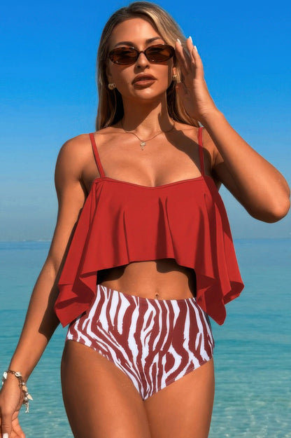 Ruffle Top High Waisted Bottom Tankini Swimsuit