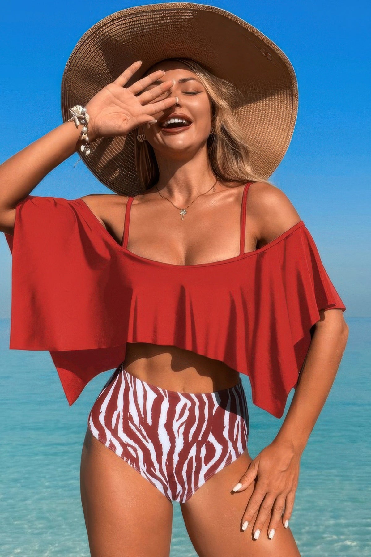 Ruffle Top High Waisted Bottom Tankini Swimsuit