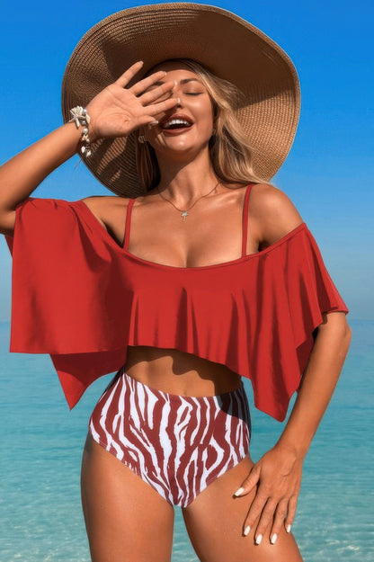 Ruffle Top High Waisted Bottom Tankini Swimsuit