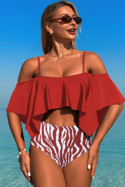 Ruffle Top High Waisted Bottom Tankini Swimsuit