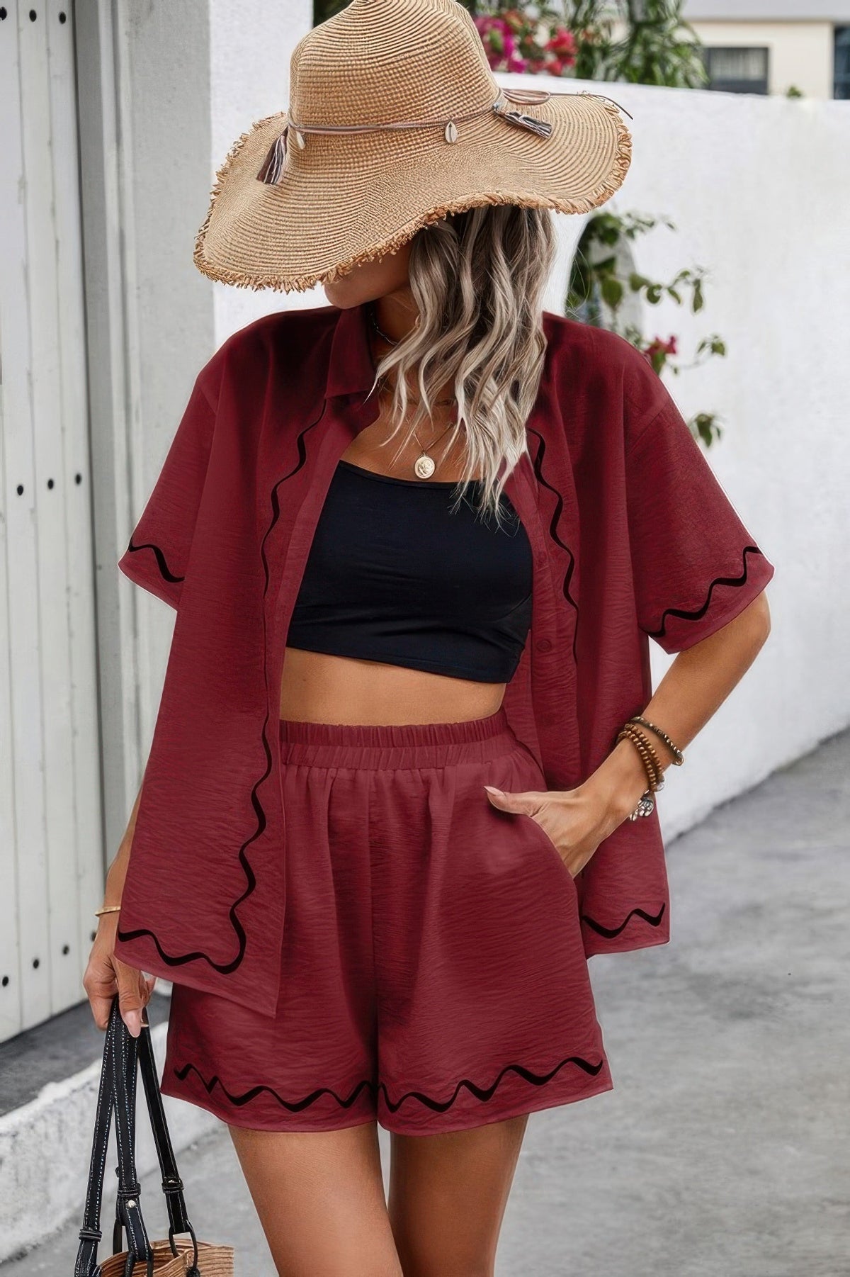 Two Piece Button Down Short Sleeve Outfits Sets