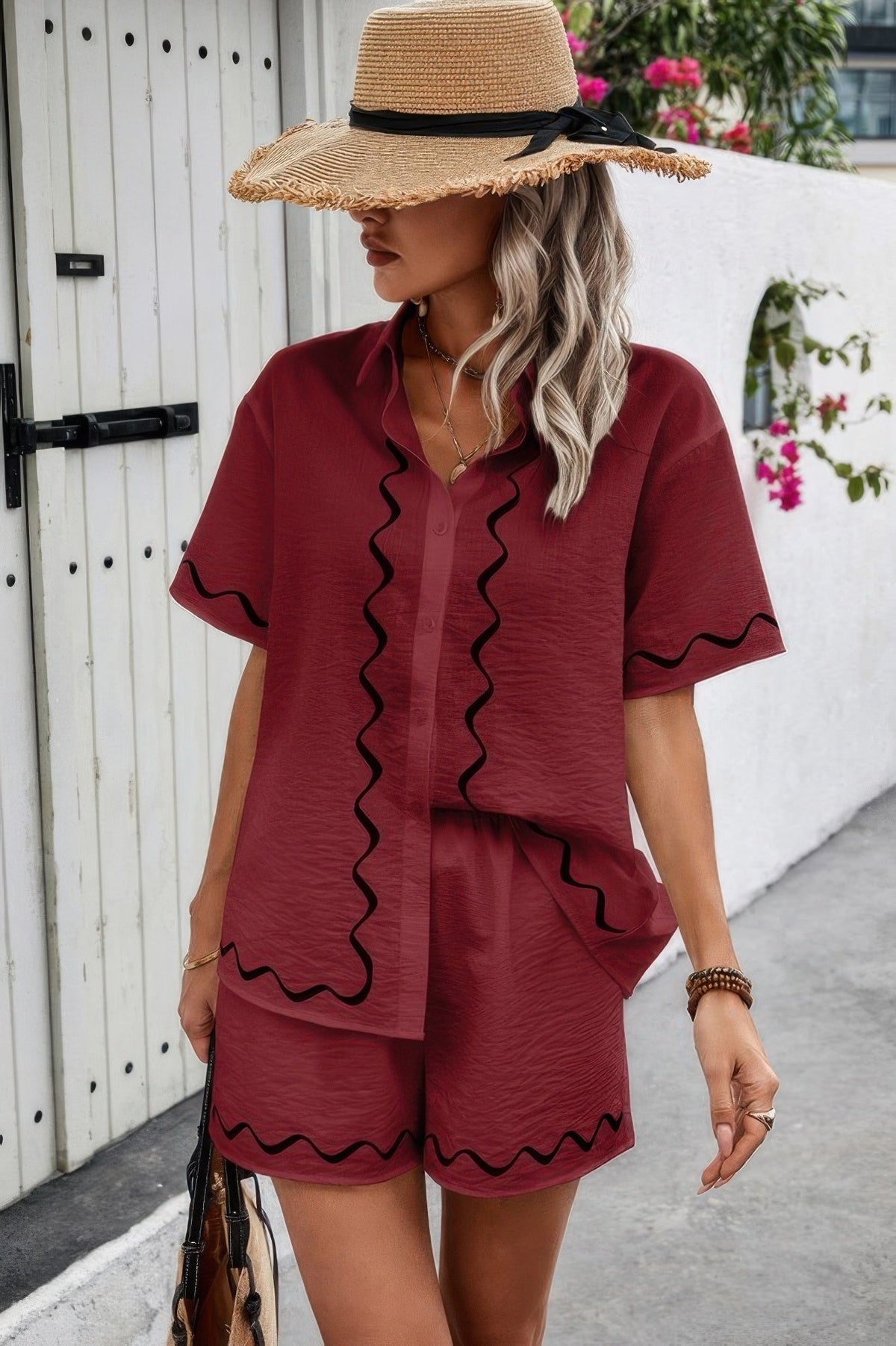 Two Piece Button Down Short Sleeve Outfits Sets