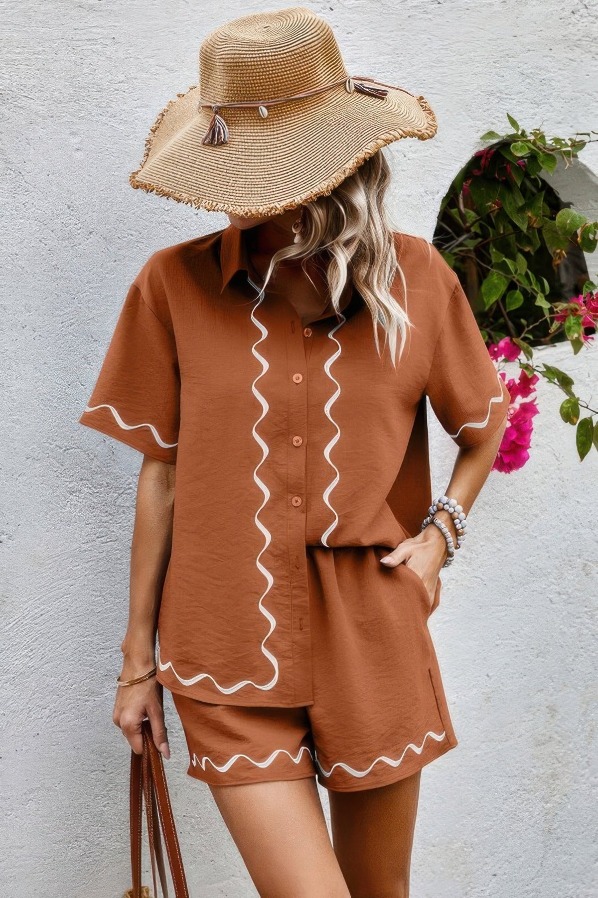 Two Piece Button Down Short Sleeve Outfits Sets