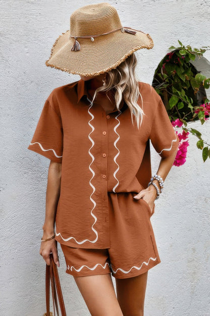 Two Piece Button Down Short Sleeve Outfits Sets