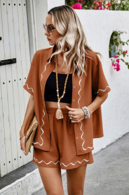 Two Piece Button Down Short Sleeve Outfits Sets