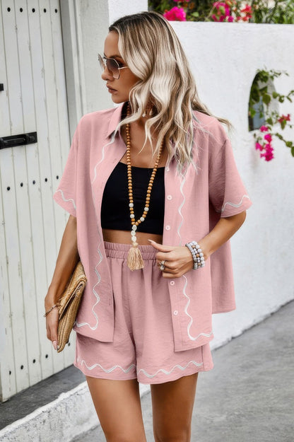 Two Piece Button Down Short Sleeve Outfits Sets