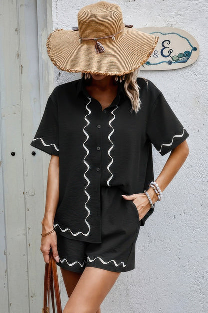 Two Piece Button Down Short Sleeve Outfits Sets