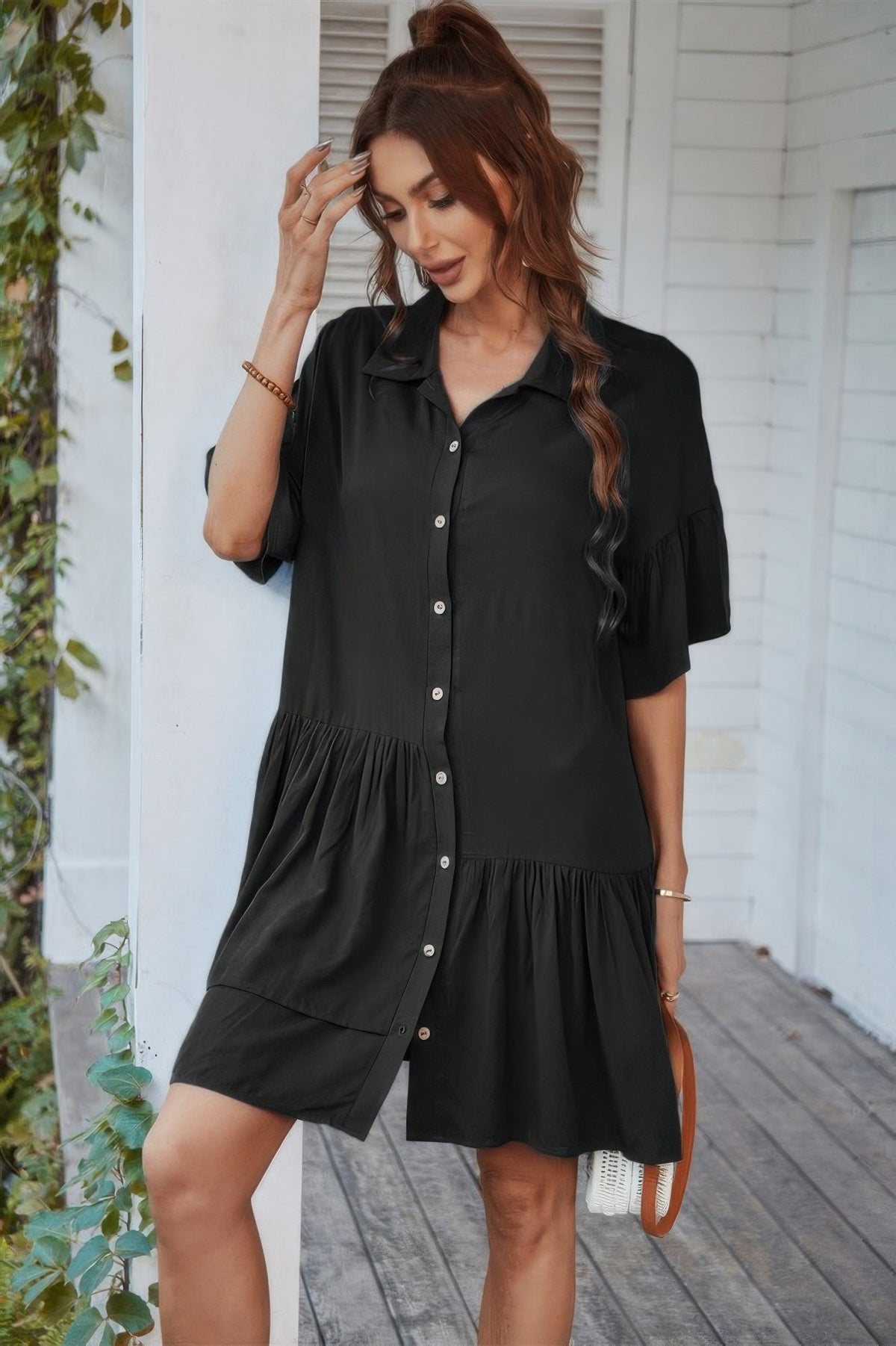 V Neck Solid Tunic Dress