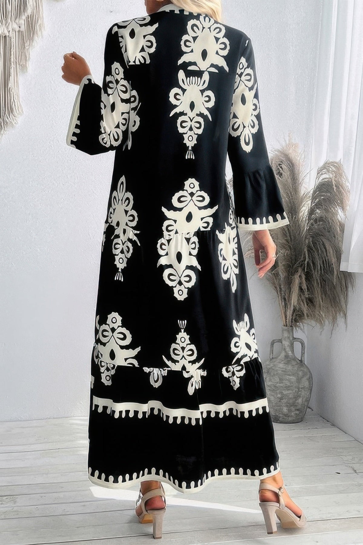 V Neck Stand Collar Button Floral Splicing Dress