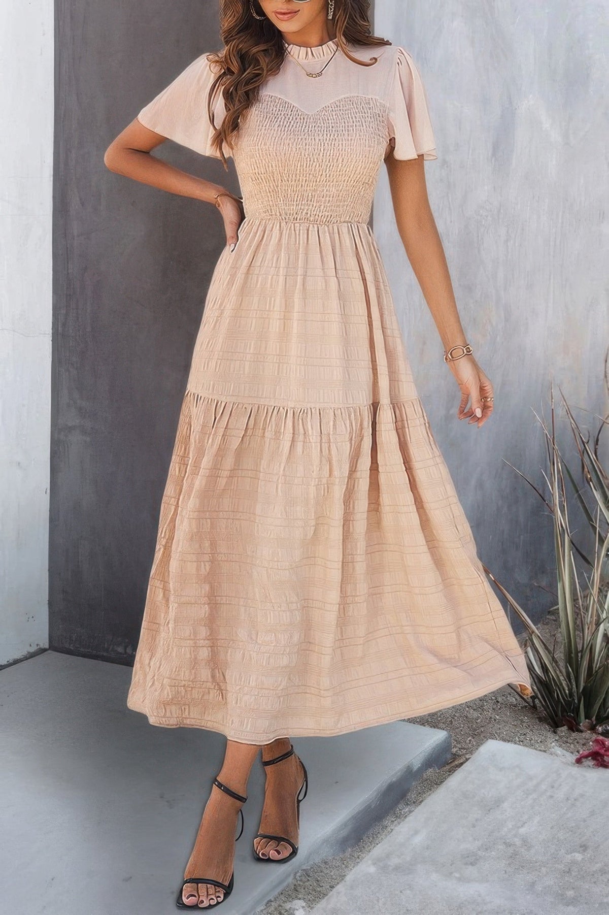 Ruffle Sleeve And Hem Top Shirred Crew Neck Dress