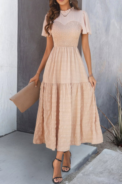 Ruffle Sleeve And Hem Top Shirred Crew Neck Dress