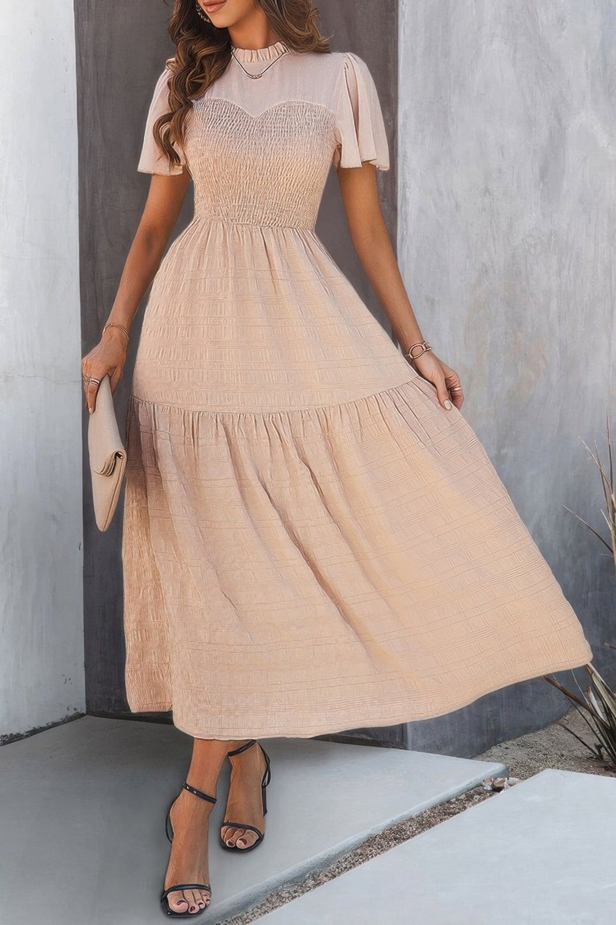 Ruffle Sleeve And Hem Top Shirred Crew Neck Dress