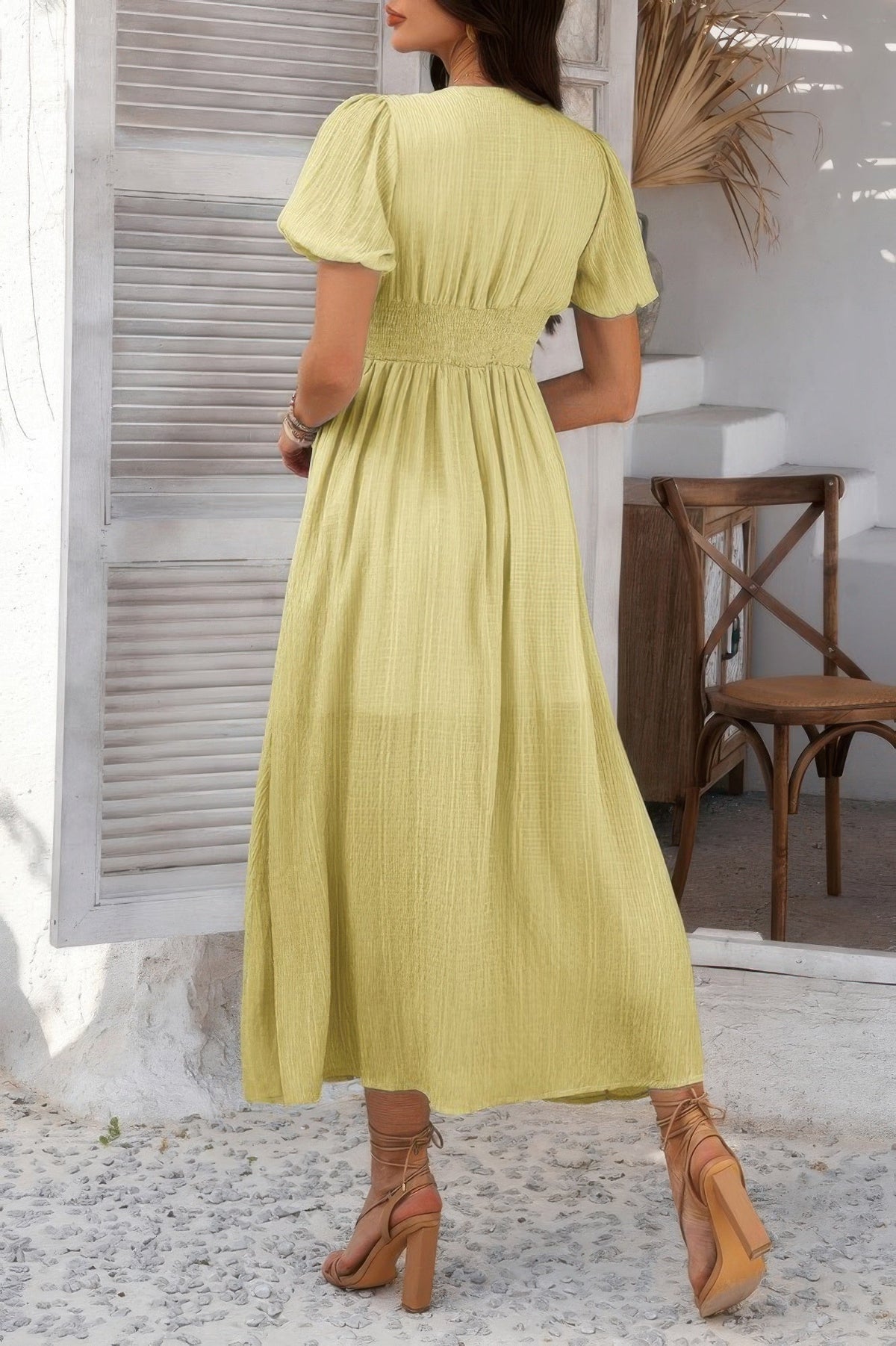 Solid V Neck Puff Sleeves Solid Knot Detail Dress