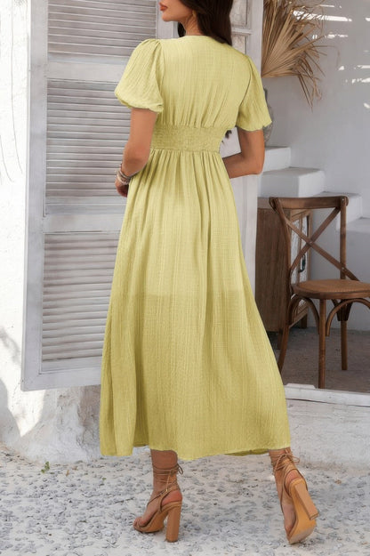 Solid V Neck Puff Sleeves Solid Knot Detail Dress