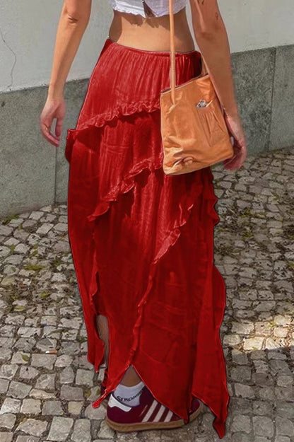 Solid Ruffle Drawstring Waist Asymmetry Hem Skirt