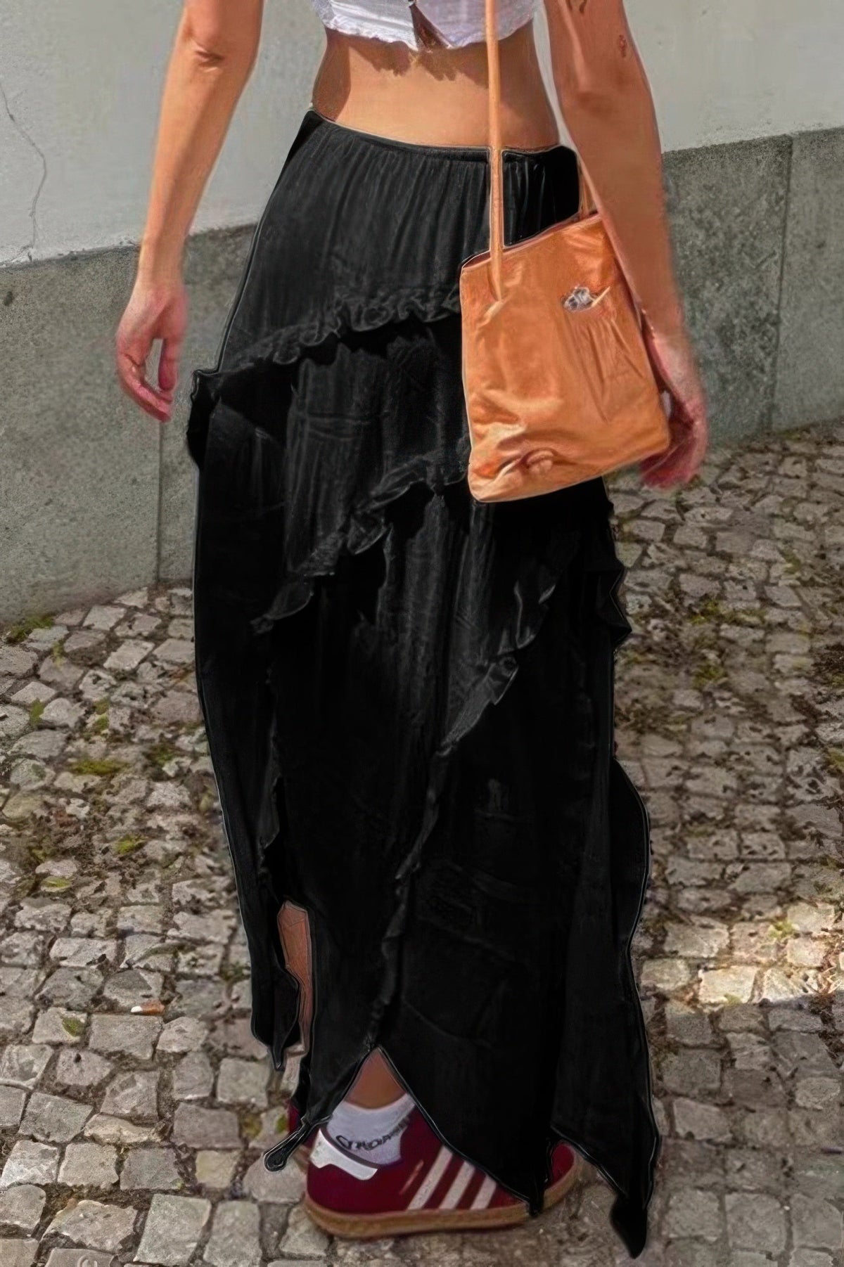 Solid Ruffle Drawstring Waist Asymmetry Hem Skirt