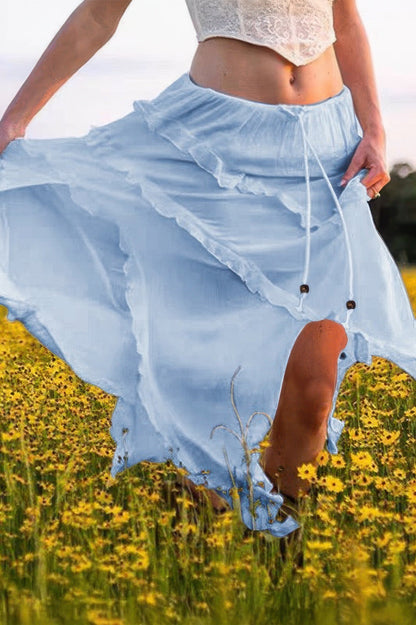 Solid Ruffle Drawstring Waist Asymmetry Hem Skirt