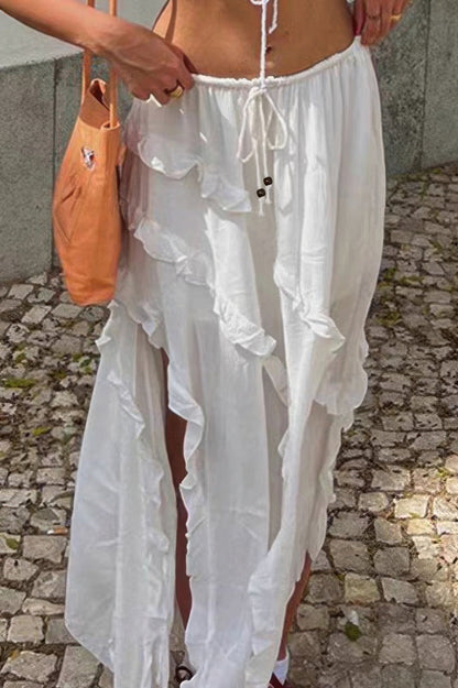 Solid Ruffle Drawstring Waist Asymmetry Hem Skirt
