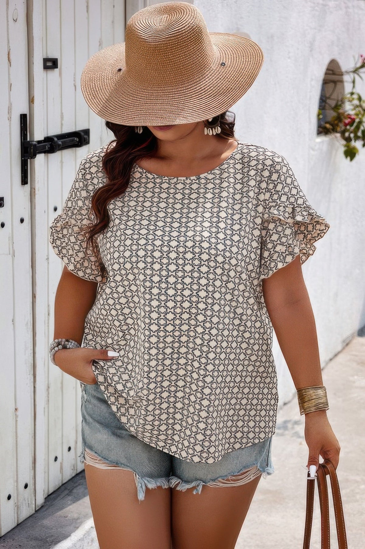Round Neck Allover Print Ruffle Sleeves Loose Top