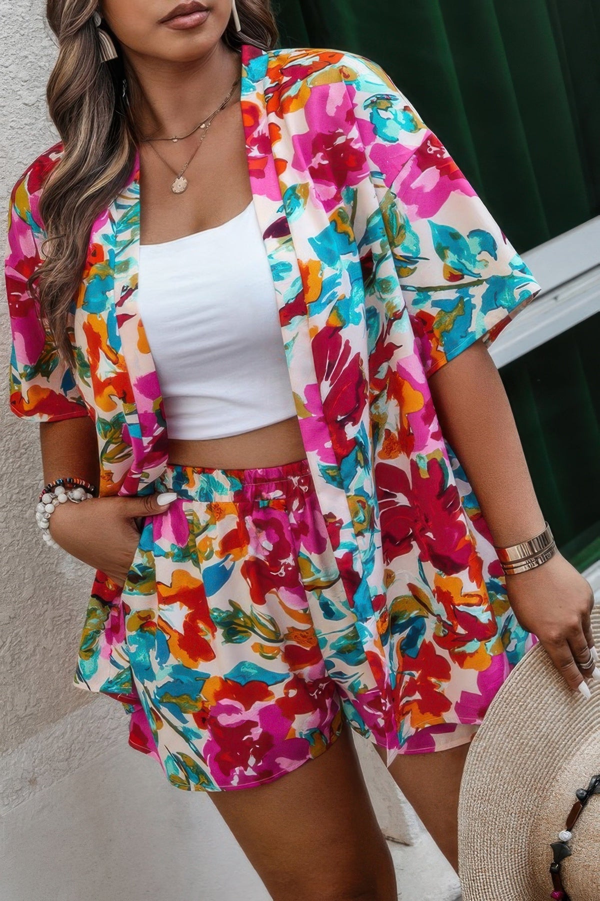 Plus Size Floral Print Open Front Shorts Sets