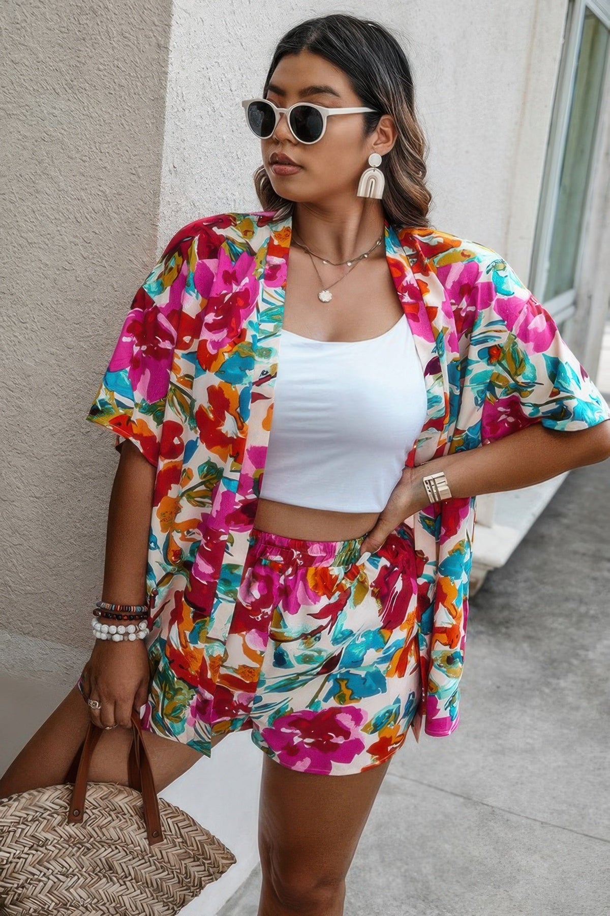 Plus Size Floral Print Open Front Shorts Sets